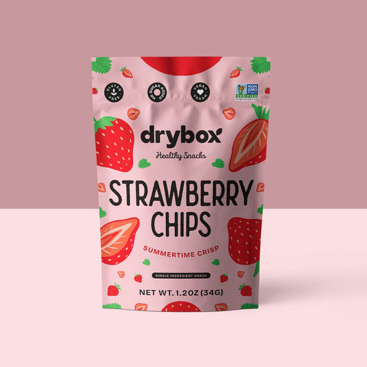 Drybox Strawberry Chips 3-pack resealable bags with crispy, sweet strawberry-flavored chips on a white background.