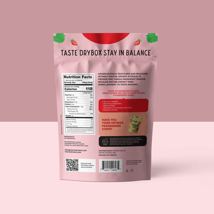 Drybox Strawberry Chips 3-pack in resealable bags, featuring vibrant strawberry slices and crisp chip texture.