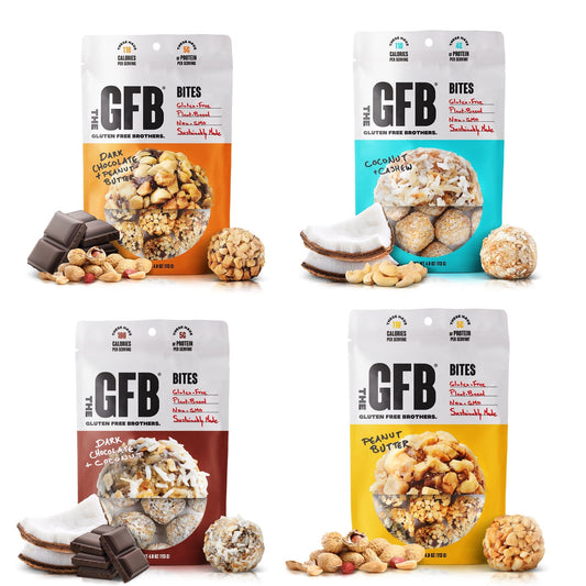 Assorted GFB Bites Best Seller Sample Pack with four gluten-free snack bars in various flavors.