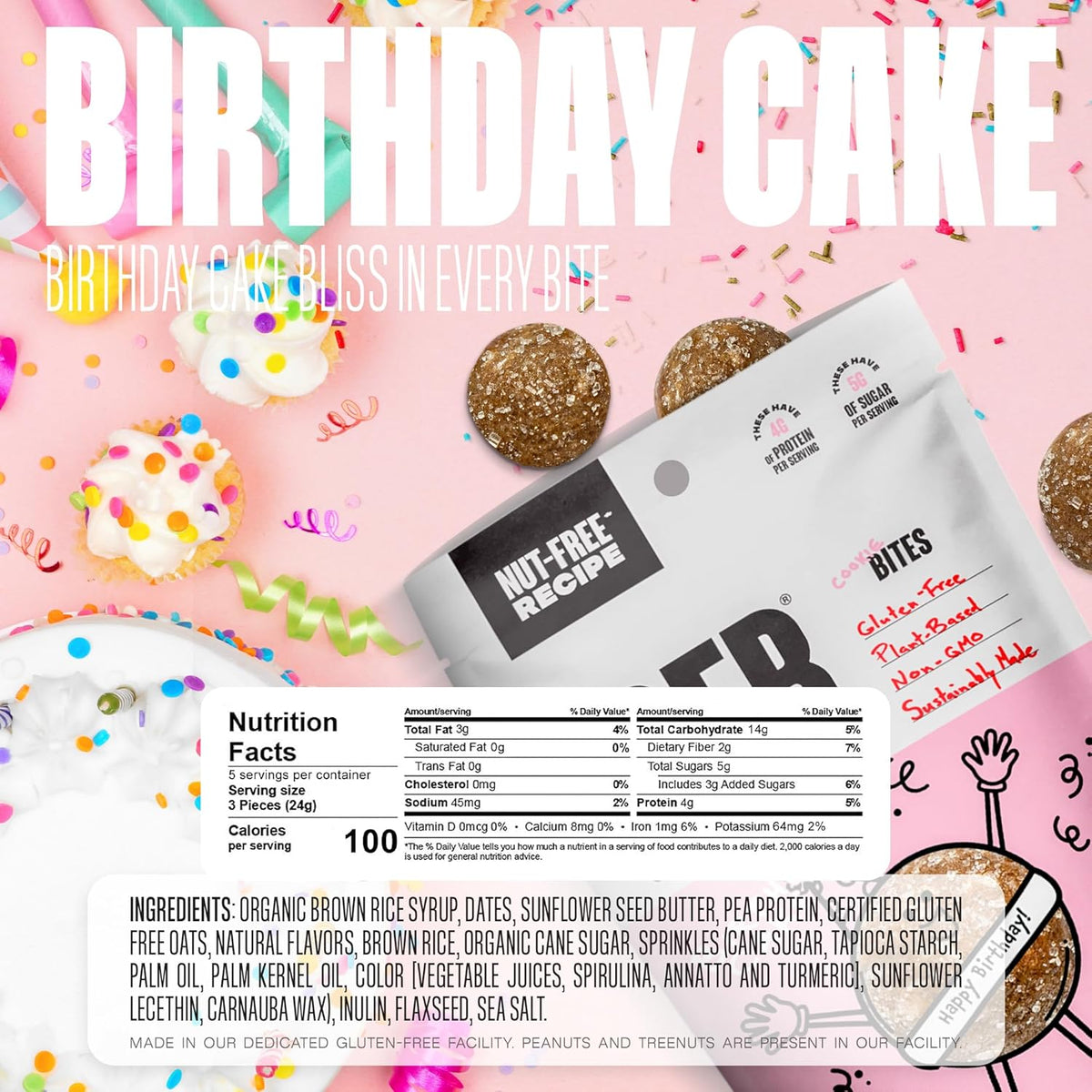 The GFB Cookie Bites NUT FREE Sample Pack with three birthday cake-flavored bites on a plate.