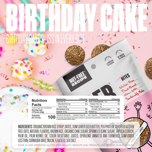 The GFB Cookie Bites NUT FREE Sample Pack with three birthday cake-flavored bites on a plate.