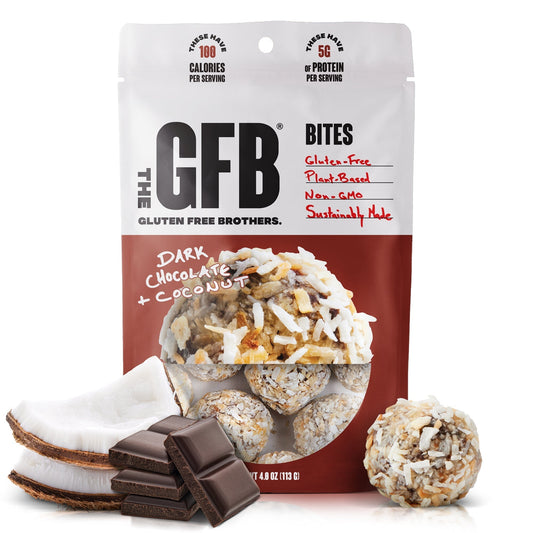 Dark chocolate coconut bites from The GFB, showing chewy bites with rich chocolate coating and shredded coconut topping.