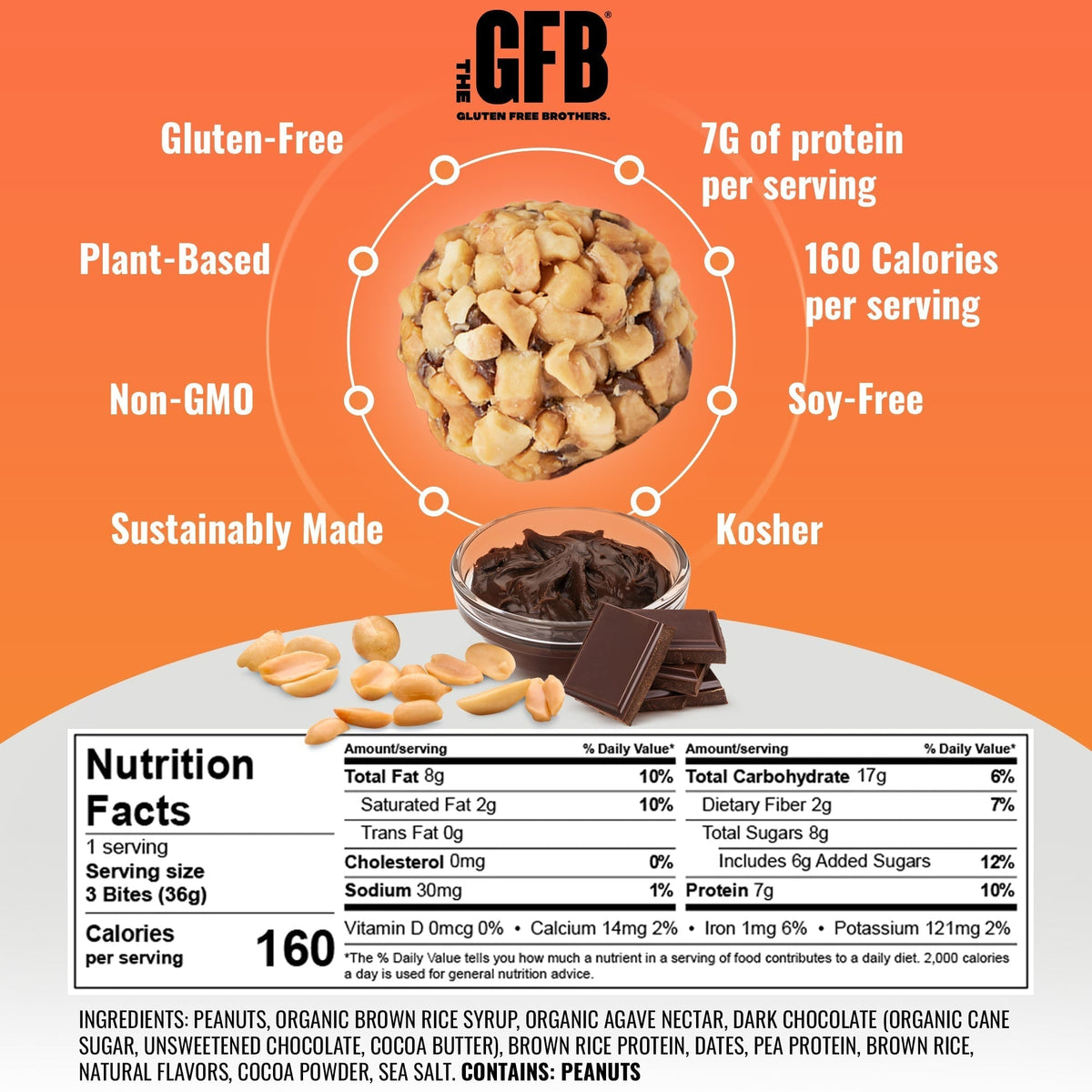 The GFB Dark Chocolate Peanut Butter Bites package showing 10 GFB Bites with dark chocolate coating and peanut butter filling.