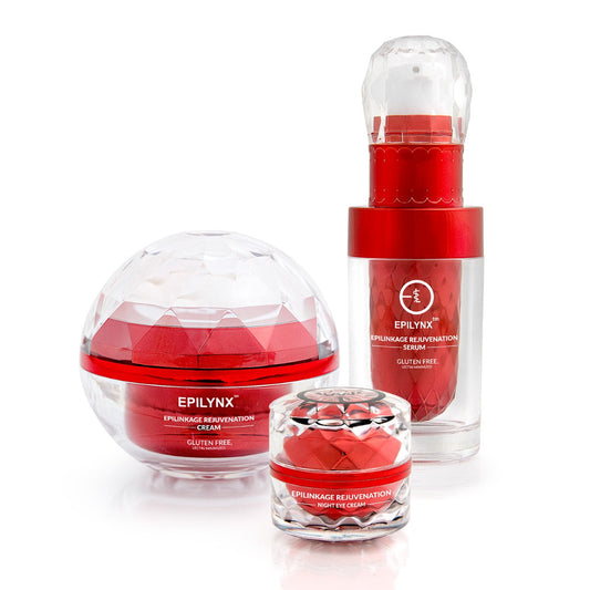 Group of EpiLynx Epilynx firming and brightening anti-aging face creams with hyaluronic acid, niacinamide, and peptide complex.