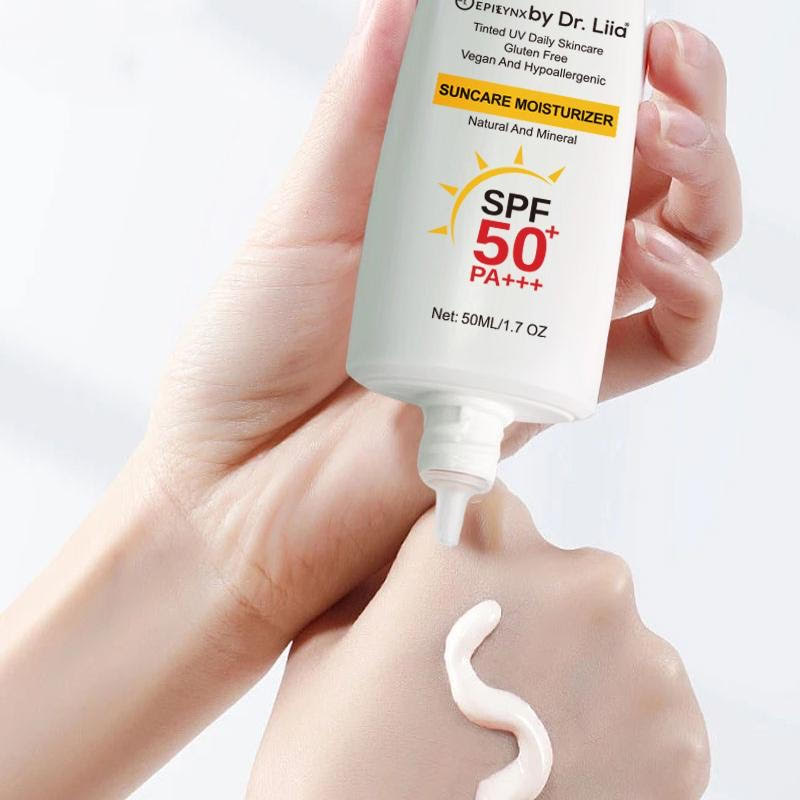 EpiLynx SPF 50 mineral moisturizer with tinted formula, hydrating and suitable for sensitive and vegan skin.