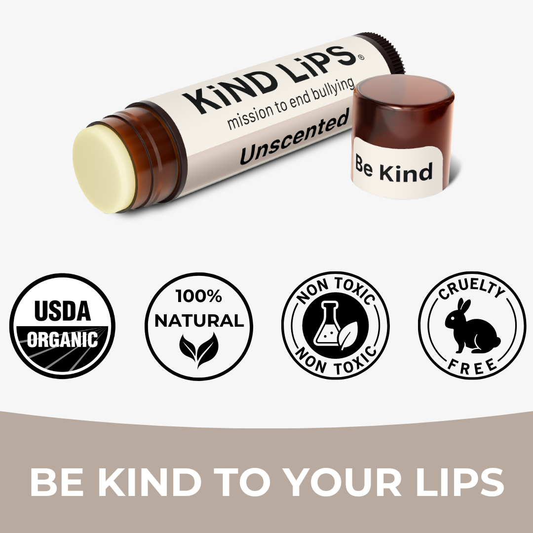Kind Lips Unscented Organic Lip Balm tube with natural packaging, showcasing the product designed for nourishing, scent-free lip care.