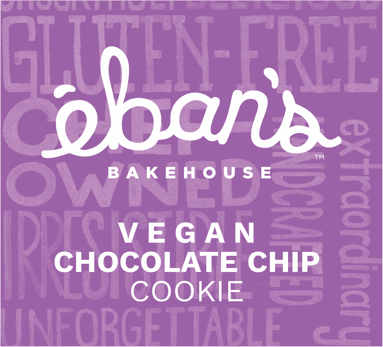 Eban’s Bakehouse vegan chocolate chip cookies in a 12-pack, showing golden-brown cookies with chocolate chips on a plate.