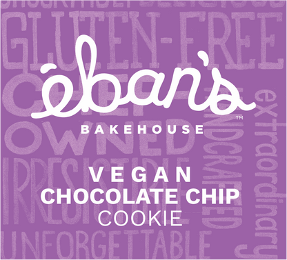 Eban’s Bakehouse vegan chocolate chip cookies in a 12-pack, showing golden-brown cookies with chocolate chips on a plate.
