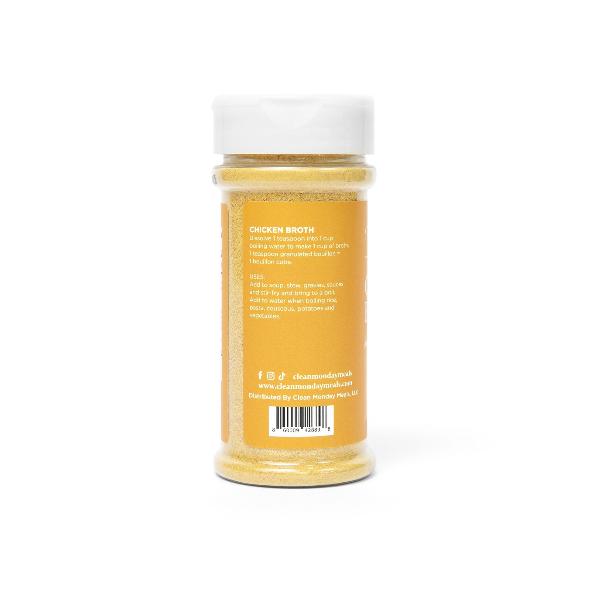 Clean Monday Meals chicken bouillon seasoning jar with label, used for enhancing soups and dishes.