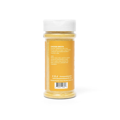 Clean Monday Meals chicken bouillon seasoning jar with label, used for enhancing soups and dishes.
