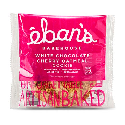 Eban’s Bakehouse gluten-free white chocolate cherry oatmeal cookies in individual packaging, variety pack of 15 cookies.