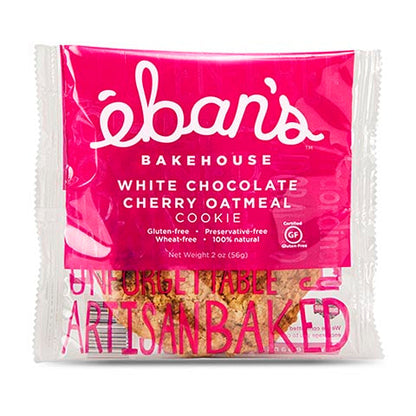 Eban’s Bakehouse gluten-free white chocolate cherry oatmeal cookies in individual packaging, variety pack of 15 cookies.