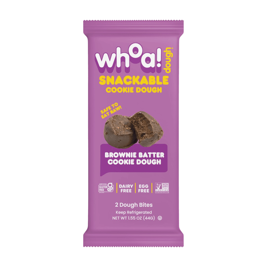 Snackable brownie batter cookie dough from Whoa! Dough, 14-pack of ready-to-eat, edible cookie dough with rich chocolate brownie flavor.