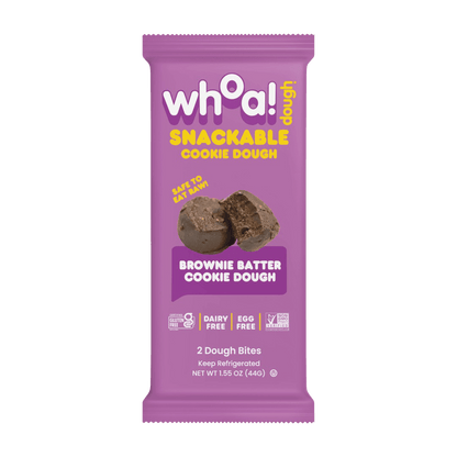Snackable brownie batter cookie dough from Whoa! Dough, 14-pack of ready-to-eat, edible cookie dough with rich chocolate brownie flavor.