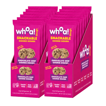 Snackable chocolate chip cookie dough by Whoa Dough in two sleeves, ready to enjoy as a tasty treat or snack.