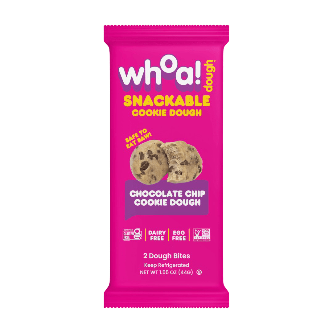 Snackable chocolate chip cookie dough by Whoa Dough in a 14-pack, ready to enjoy as a sweet treat or dessert.