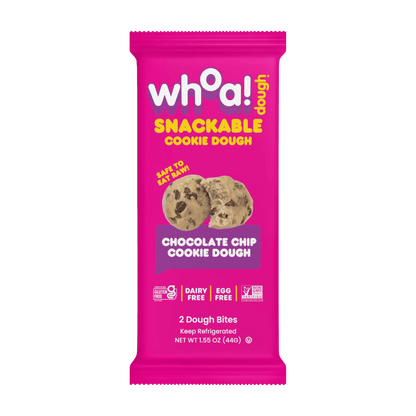 Snackable chocolate chip cookie dough by Whoa Dough in a 14-pack, ready to enjoy as a sweet treat or dessert.