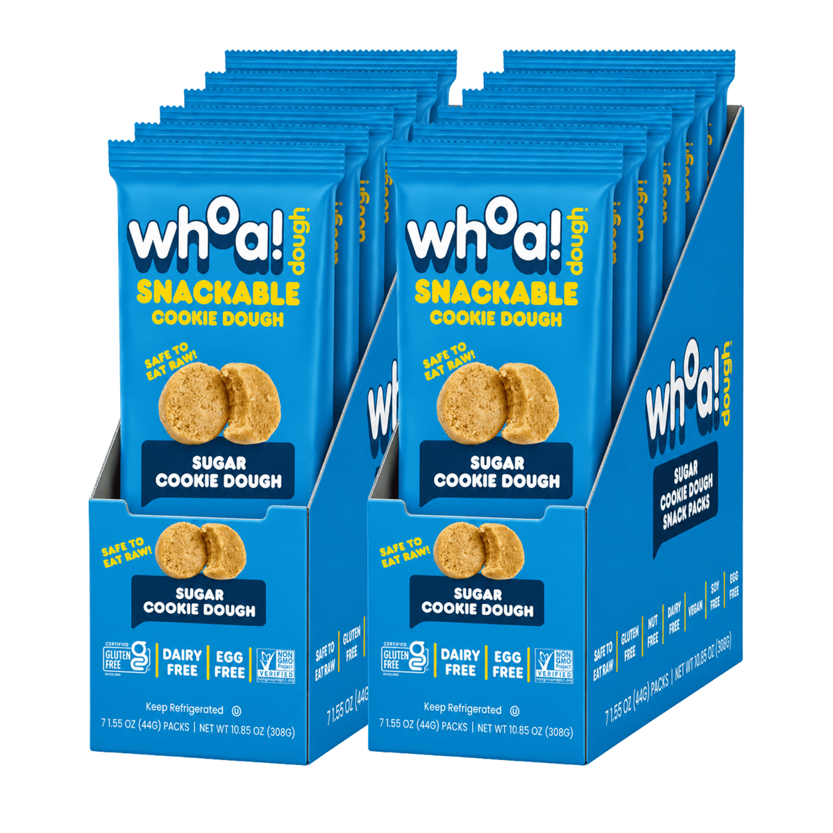 Snackable sugar cookie dough by Whoa Dough in a 14-pack, showing two sleeves of ready-to-eat cookie dough.