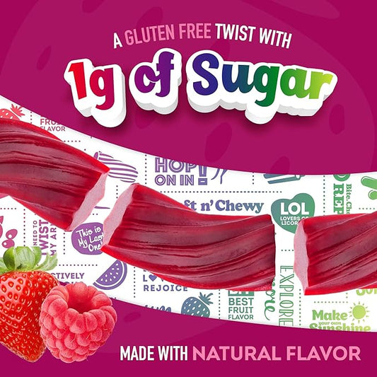 Wiley Wallaby Very Berry Licorice showing colorful, twisted berry-flavored licorice sticks on a white background.