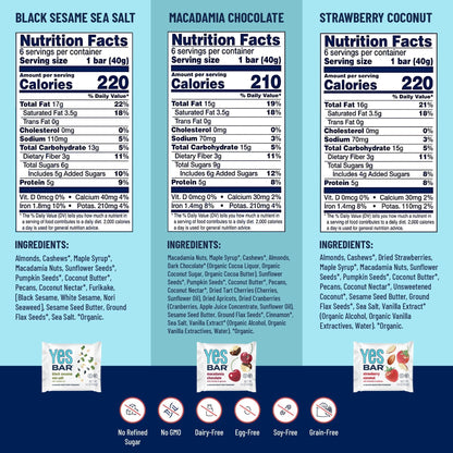 Six-pack of YES BAR® variety energy bars featuring different flavors, displayed in colorful packaging.