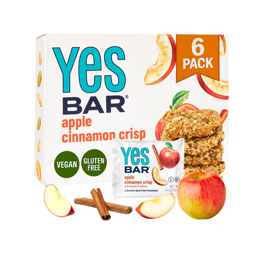 YES BAR Apple Cinnamon Crisp snack pack featuring six bars with apple cinnamon flavor and crisp texture.