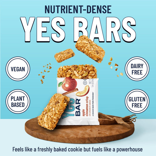 YES BAR Apple Cinnamon Crisp snack bars, 6-pack, featuring crunchy apple cinnamon flavor and natural ingredients.