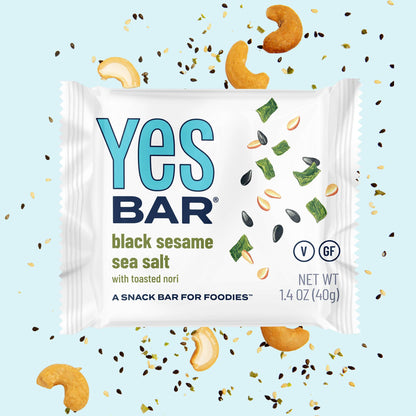 Six YES BAR Black Sesame Sea Salt snack bars with clean edges, showcasing their dark sesame and sea salt ingredients.