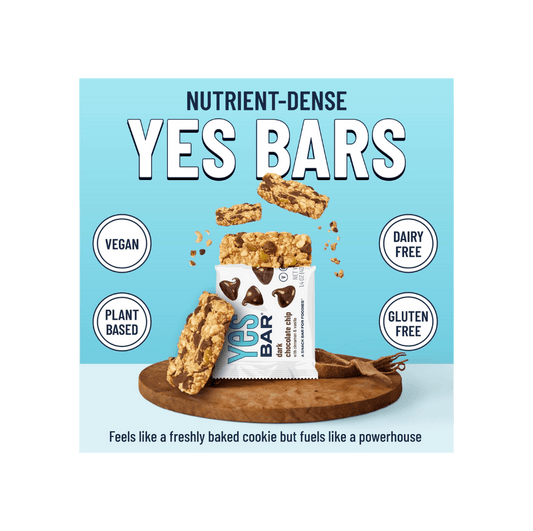YES BAR Dark Chocolate Chip protein bar pack showing six individually wrapped dark chocolate chip snack bars from YES BAR®