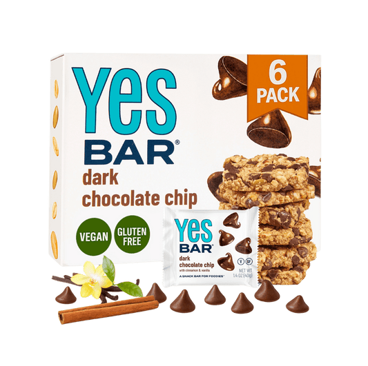 YES BAR Dark Chocolate Chip snack bars in a 6-pack, featuring chocolate chips and made by YES BAR® in a natural, wholesome style.