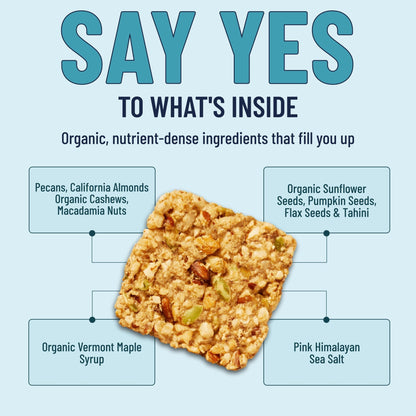 Six YES BAR Salted Maple Pecan energy bars with salted maple coating and pecan nuts in a 6-pack, on a white background.