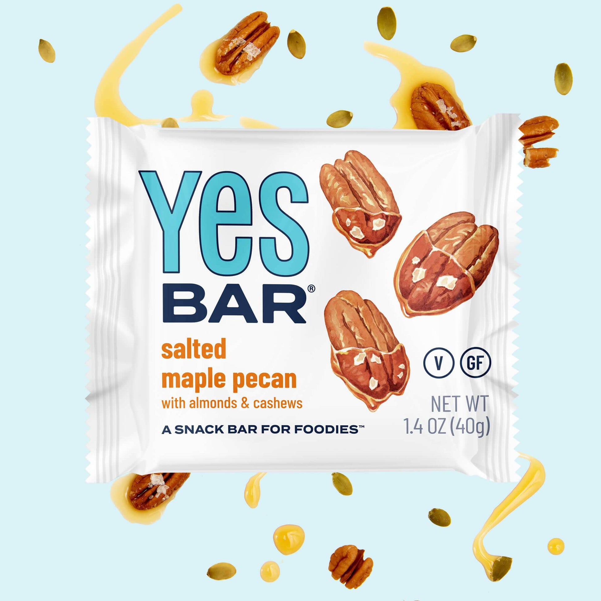 Six YES BAR® Salted Maple Pecan energy bars with clean edges, showing the textured salted maple pecan topping.