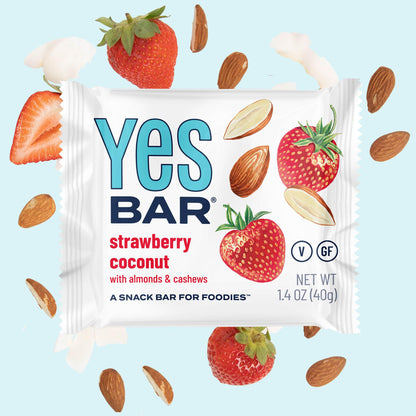Six YES BAR Strawberry Coconut snack bars with clean edges, featuring fresh strawberry and coconut ingredients.