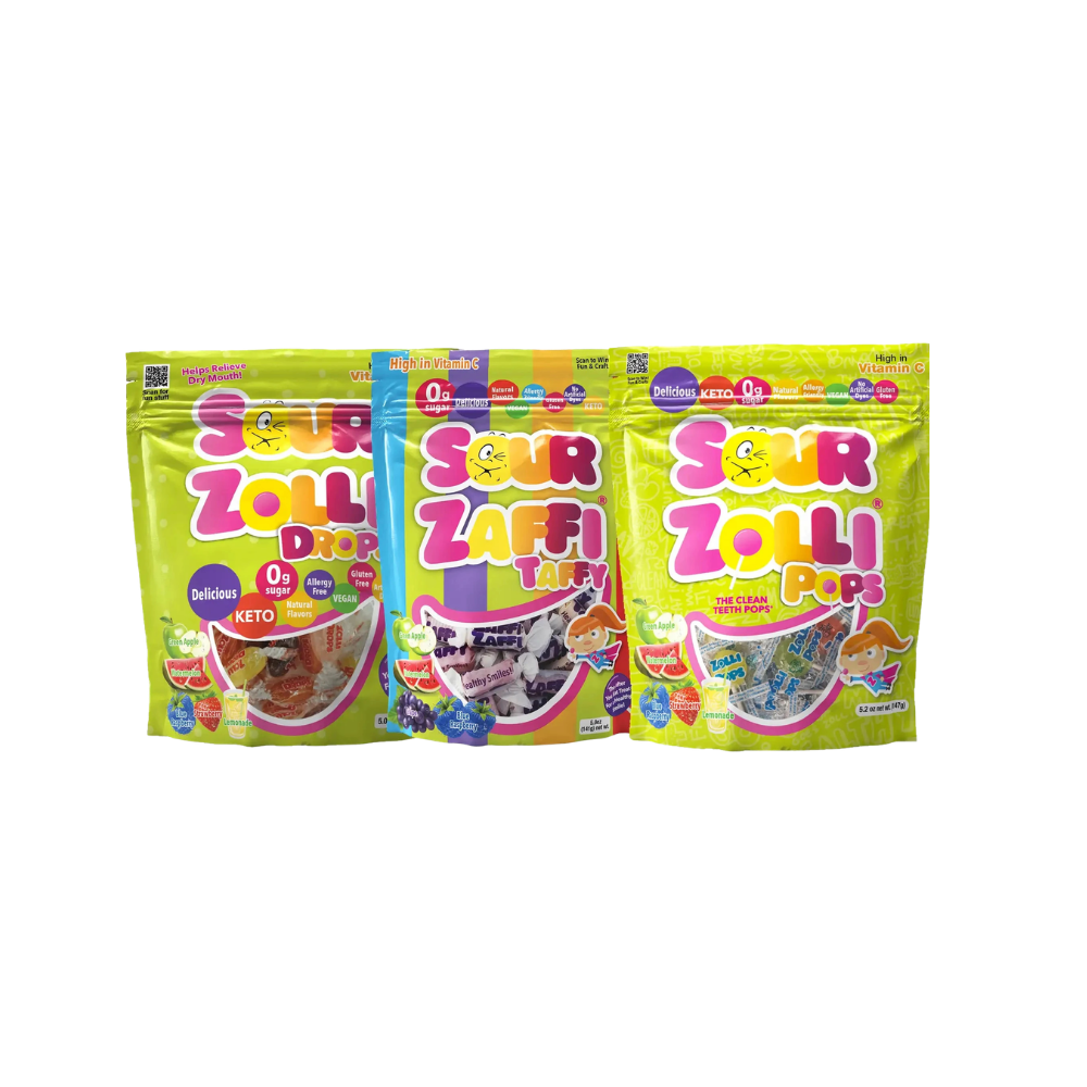 Zolli Candy Sour Bundle with sugar-free, dye-free lollipops, hard candy drops, and taffy in colorful packaging.