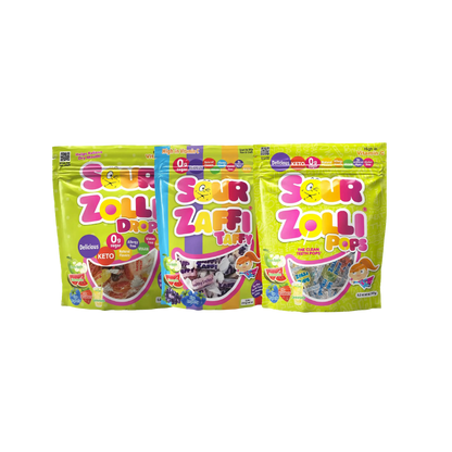 Zolli Candy Sour Bundle with sugar-free, dye-free lollipops, hard candy drops, and taffy in colorful packaging.