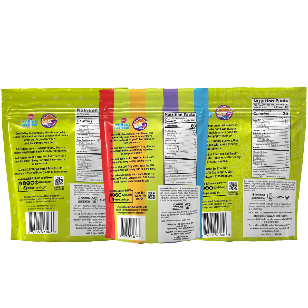 ZolliCandy Zolli Sour Bundle with sugar-free, dye-free lollipops, hard candy drops, and taffy in colorful wrappers.